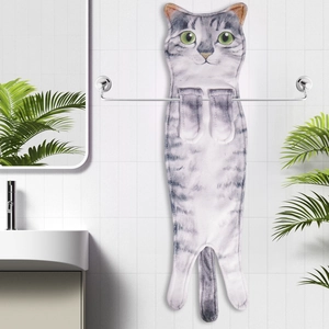 Realistic gray tabby cat hand towel hanging on a rack in a modern bathroom detail