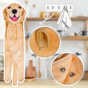 Detail of hanging creative dog hand towel showing snap button closure and plush material