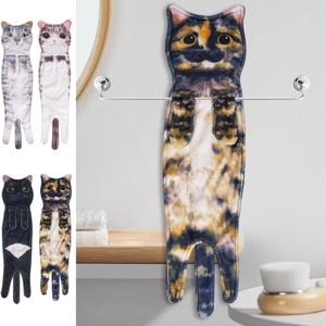 Realistic cat-shaped hanging hand towels in four colors with absorbent microfiber fabric