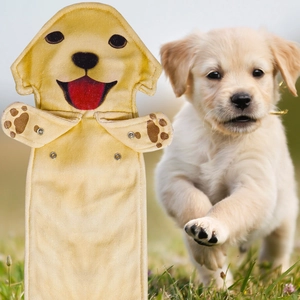 Detail of creative Labrador dog hand towel with absorbent fabric and snap button closure