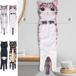 Hanging cat-shaped towels showing various fur patterns with absorbent microfiber texture