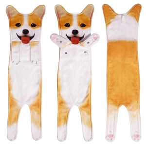 Detailed views of a Corgi dog hand towel featuring absorbent microfiber and snap buttons