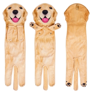 Detail of hanging Golden Retriever hand towel with snap buttons and plush texture