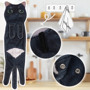 Detail of cute black cat microfiber hand towel with hook loop and metal snap button