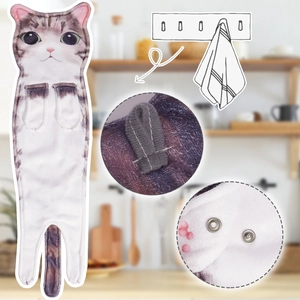 Hanging microfiber cat hand towel with button snaps for kitchen and bathroom decor