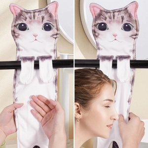 Detail showing the ultra-soft microfiber texture and realistic tabby cat design on a towel