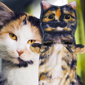 Detailed realistic calico cat hand towel with metal snap buttons and 3D ears