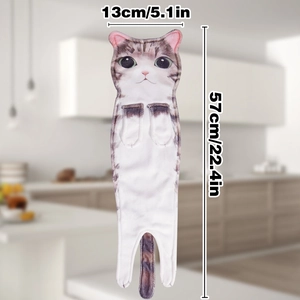 Realistic cat-shaped hanging hand towel with absorbent white fabric and kitten print