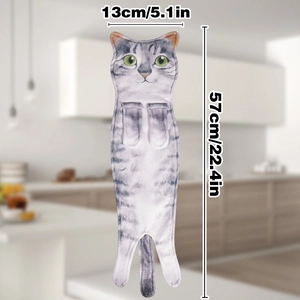 Detail showing grey tabby cat hand towel with dimensions of 57cm length and 5.1in width