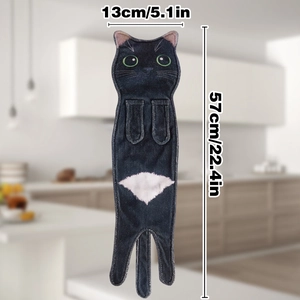 Detailed size view of hanging cat-shaped towel in dark grey microfiber with measurements