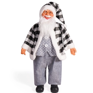 24-inch standing Santa Claus figure in black and white buffalo plaid outfit for Christmas