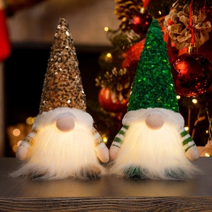 Macro detail of glowing Christmas gnomes with sparkling sequin hats and warm LED lights