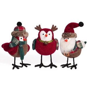 Three Christmas bird figurines in Santa, reindeer, and plaid styles on white background