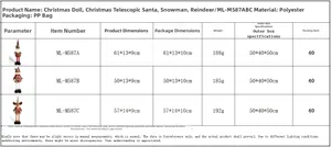 Detailed size chart for Christmas plush dolls featuring Santa, Snowman, and Reindeer specs