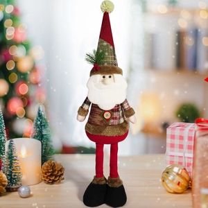 Long-legged plush Santa Claus doll with red hat and plaid shirt for Christmas decor