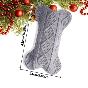 Detailed size view of a 42cm gray bone-shaped knitted Christmas stocking for pets