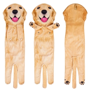 Hanging golden retriever dog hand towel with button closure and soft plush texture