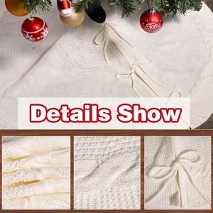 White knitted Christmas tree skirt with textured cable stitch and bow tie details