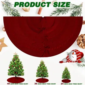 Red knit Christmas tree skirt size chart with various diameters and cable knit details