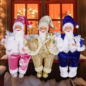 Set of three 12-inch sitting Santa Claus dolls in pink, gold, and blue velvet outfits