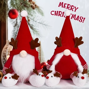 Ornements Peluche Gnome Noël Rouge Assis Bois Renne Chaussons Renne Nordique Tissu Fausse Fourrure Déco Festive Maison