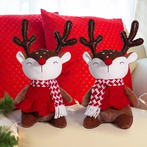 Christmas Reindeer Plush Doll Ornament Cute Sitting Deer With Red Scarf Vest Skirt Holiday Party Home Desktop Decoration