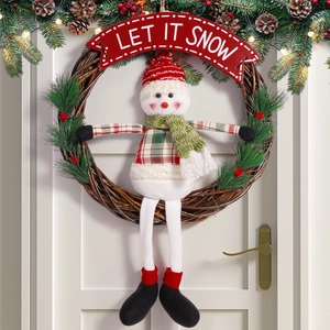 Weihnachts-Schneemann-Rattankranz-Türdekoration Mit Let It Snow Schild Stoff-Plüschtier Künstliche Kiefer Beeren Festlich