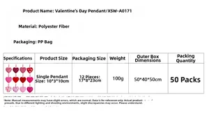 Size chart for 12pcs heart-shaped Valentine pendants made of polyester fiber
