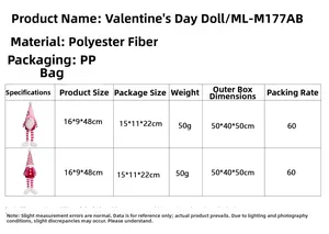 Size chart for Valentine's Day gnome decorations with precise product measurements
