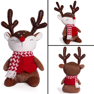 Cute Christmas reindeer plush toy with red vest and scarf shown in multiple view angles