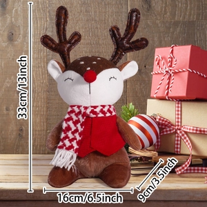 33cm plush Christmas reindeer doll with red vest and scarf on wooden background