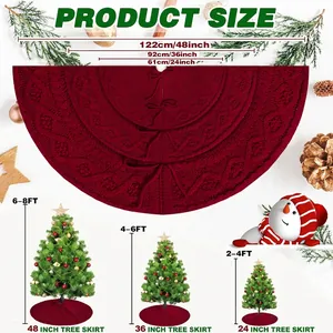 Red knit Christmas tree skirt set in three sizes with detailed product dimensions and ties