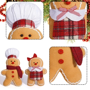 Pair of Christmas gingerbread plush dolls with chef hat and plaid apron for holiday decor