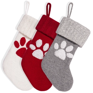 Three-piece knitted Christmas stockings with cute dog paw patterns for holiday decor