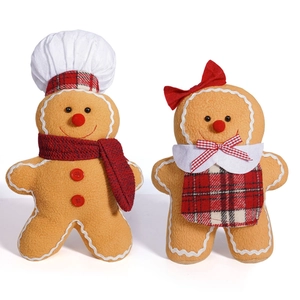 Plush Christmas gingerbread man and woman dolls set with scarf and apron
