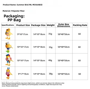 Size chart showing dimensions and weight for summer bird beach decorative ornaments