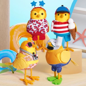 Detailed view of four felt summer birds with beach accessories and vibrant outfits