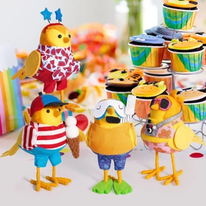 Set of four handmade felt birds with summer holiday accessories for beach party decor