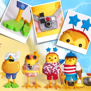 Set of four handmade summer bird felt dolls with beach themes like diving and ice cream