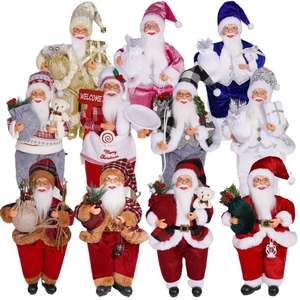 Set of 10 assorted 12-inch sitting Santa Claus dolls with festive outfits and props