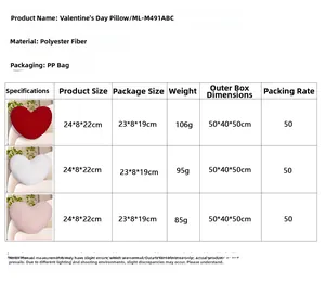 Size guide for heart-shaped polyester pillows with detailed dimensions and weights