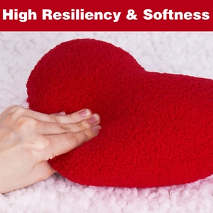 High resiliency red heart plush pillow made of soft curly faux sheepskin for home decor