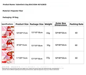 Detailed size chart showing dimensions and weight for Valentine's Day bird plush decor