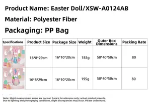 Detailed size chart for Easter gnome plush toy showing product dimensions and materials
