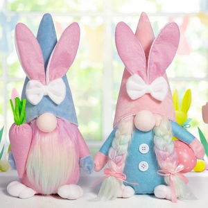 Easter Gnomes Plush Rabbit Bunny Ears Faceless Doll Ornament Tabletop Decoration Handmade Rainbow Beard Polyester