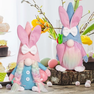 Easter gnome couple plush set with bunny ears holding carrot and egg on wood base