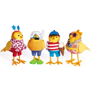 Set of four yellow summer birds ornaments with colorful beach outfits and accessories