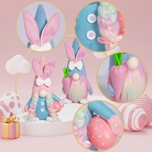 Easter gnome plush doll set with bunny ears holding carrot and colorful egg ornaments