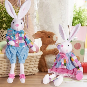 Easter Bunny Plush Rabbit Doll Checkered Clothes Holding Happy Easter Sign For Holiday Party Home Ornament Decoration Gift