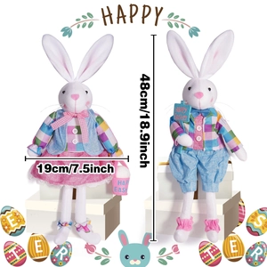 Set of two plush Easter bunnies in pink and blue plaid outfits, measuring 48cm in height
